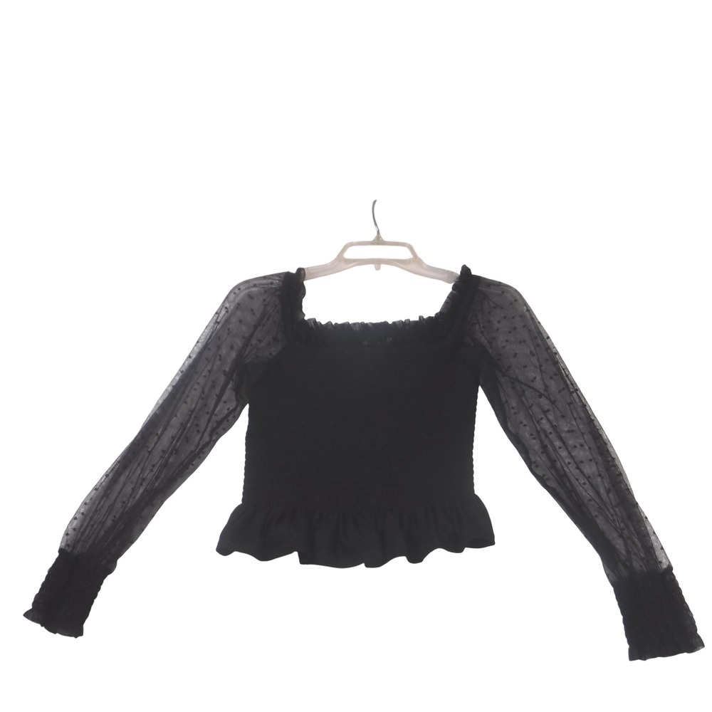 Fashion on Earth Juniors Black Smocked Crop Top Swiss Dot Mesh Long Sleeve Large